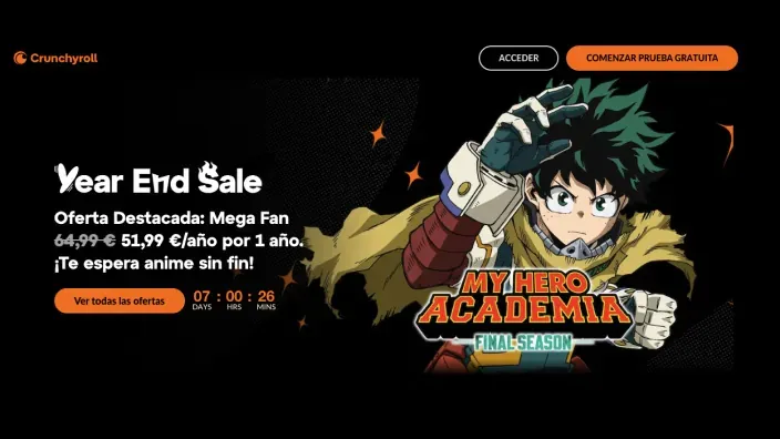 Oferta anual plan Mega Fan de Crunchyroll por 51,99 euros con imagen de My Hero Academia.
