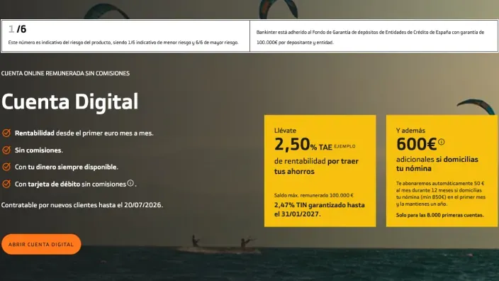 Captura promocional de la Cuenta Digital de Bankinter con una oferta de rentabilidad y bonificación por nómina