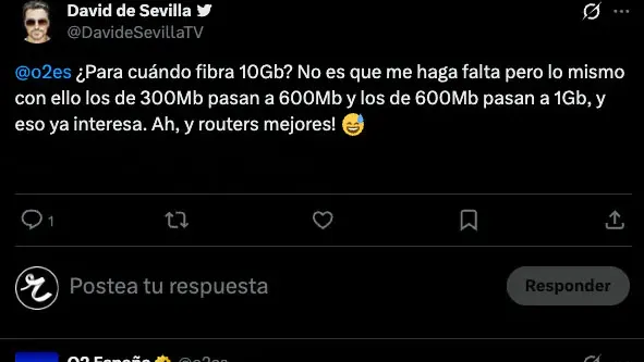 Captura de un tuit sobre la fibra de O2 y una respuesta de O2 España