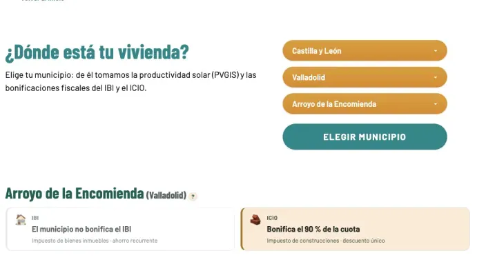 Captura de una herramienta para elegir municipio con información sobre bonificaciones del IBI y el ICIO en Arroyo de la Encomienda