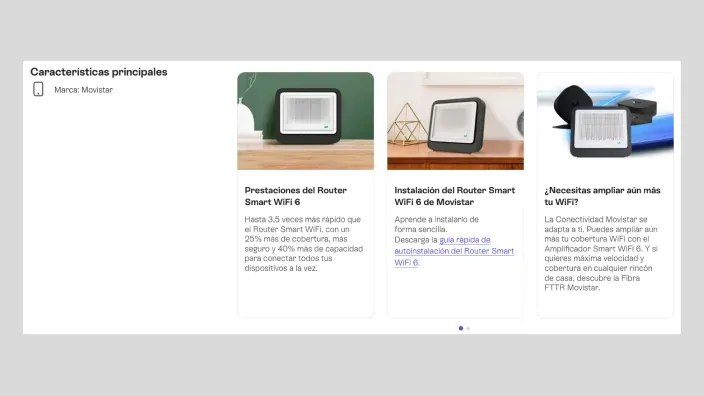 Captura de pantalla de la web de Movistar detallando las prestaciones e instalación del Router Smart WiFi 6.