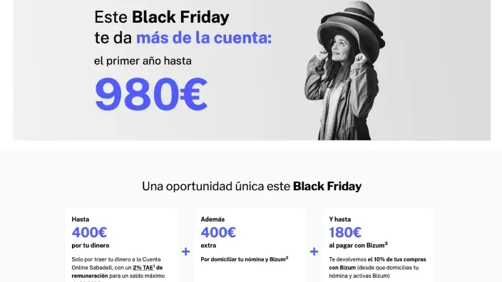 Oferta Cuenta Online Sabadell Black Friday con hasta 980€ de regalo por nómina y Bizum.