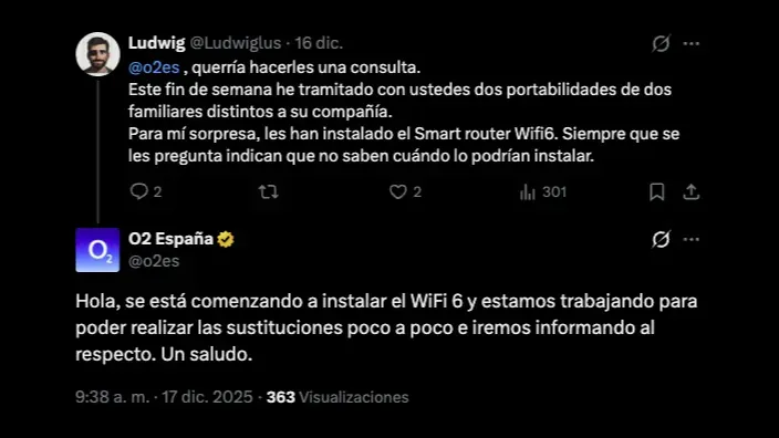 Captura de tuit de soporte de O2 España confirmando la instalación del nuevo router WiFi 6.