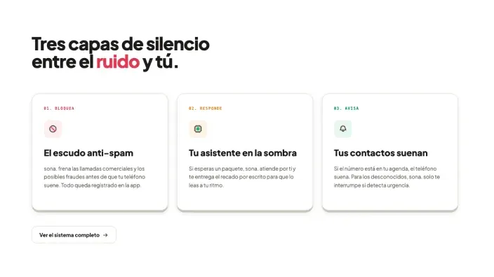 Captura web de Sona con tres bloques informativos sobre bloqueo de spam, asistente y aviso de llamadas