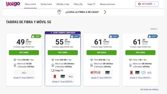 Tabla comparativa tarifas Yoigo fibra y móvil 5G con datos ilimitados y plataformas de TV.