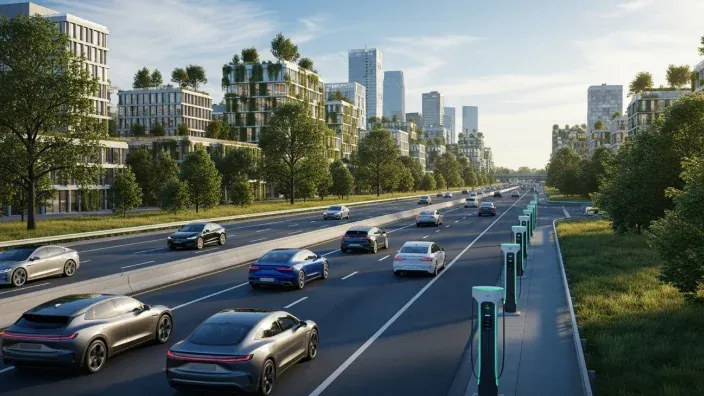 Carretera urbana con varios coches eléctricos circulando junto a puntos de recarga y edificios modernos al fondo.