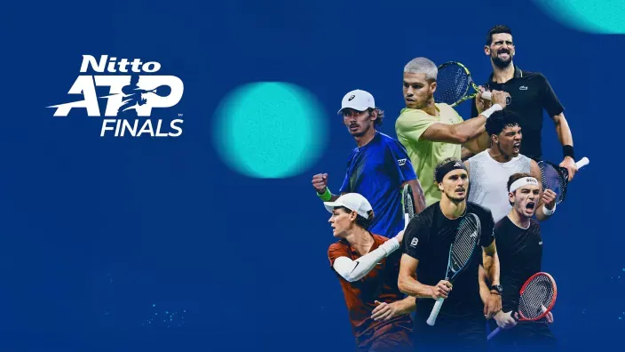 Cartel promocional de las Nitto ATP Finals. Collage con los mejores tenistas del mundo listos para la competición.