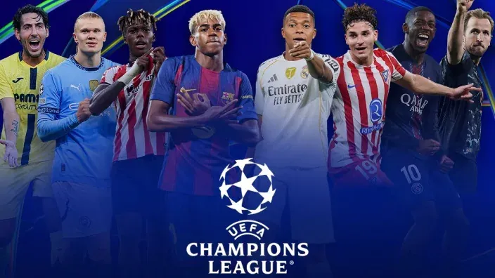 Cartel promocional de la UEFA Champions League. Collage con estrellas del fútbol como Mbappé, Haaland y jugadores del Barça y Madrid.
