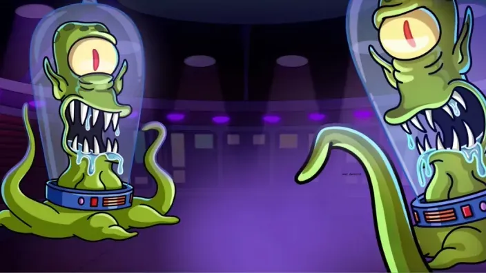 Ilustración de los personajes extraterrestres de Los Simpson, Kang y Kodos, en un escenario oscuro de Halloween.