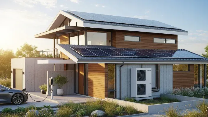 Casa unifamiliar con placas solares en el tejado y cargador de coche eléctrico en el garaje