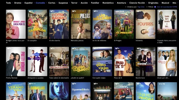 Catálogo de películas de comedia en la interfaz de Movistar Plus+ con títulos como Bridget Jones.