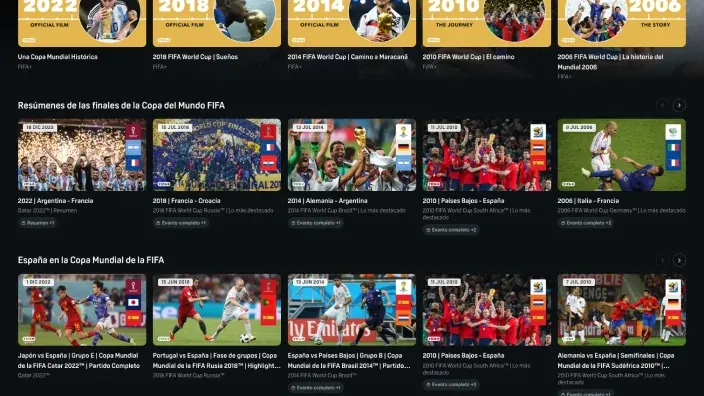 Catálogo de vídeos sobre la Copa Mundial de la FIFA en DAZN con películas, resúmenes y partidos
