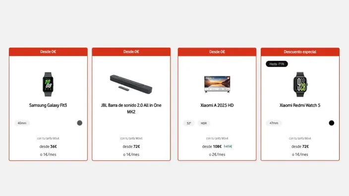 Ofertas Vodafone en accesorios con Samsung Galaxy Fit3, barra de sonido JBL y Xiaomi Watch 5.