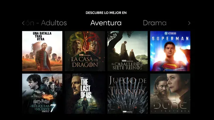 Pantalla con el catálogo de HBO Max mostrando series y películas destacadas en distintas categorías.