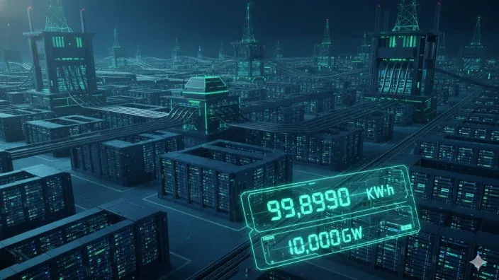 Vista de un centro de datos futurista con servidores y paneles digitales que muestran el consumo energético.