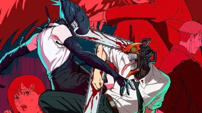 Póster promocional del anime Chainsaw Man, donde los personajes Denji y Katana Man luchan en una sangrienta batalla.