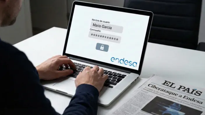 Usuario introduciendo contraseña en web de Endesa con periódico El País informando sobre ciberataque.