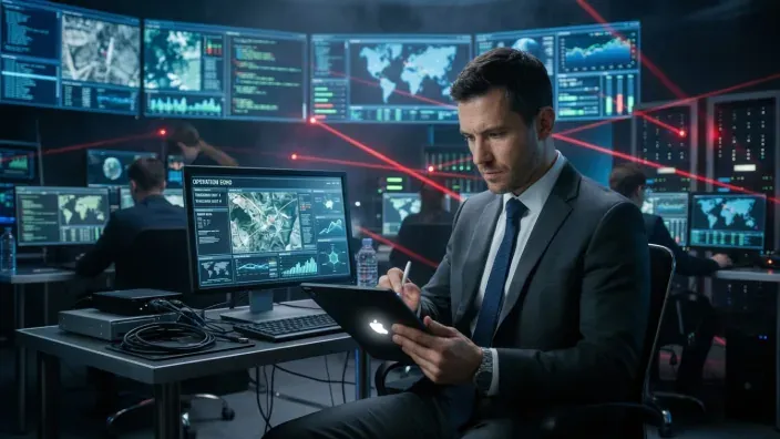 Experto en ciberseguridad usando una tablet de Apple en un centro de mando con pantallas de vigilancia global.