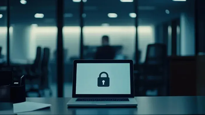 Laptop con icono de candado en una oficina para representar la ciberseguridad y protección de datos.