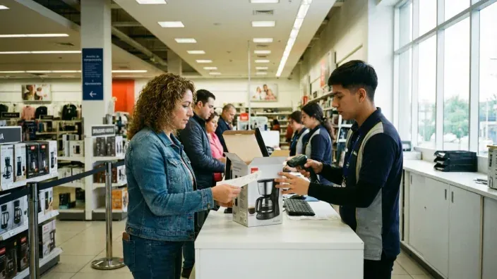 Clienta devolviendo una cafetera en el mostrador de una tienda de electrodomésticos.
