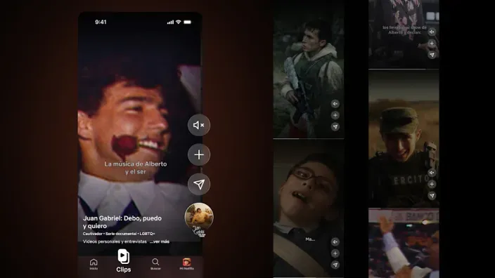 Interfaz de Netflix Clips en smartphone con vídeo vertical del documental sobre el cantante Juan Gabriel.