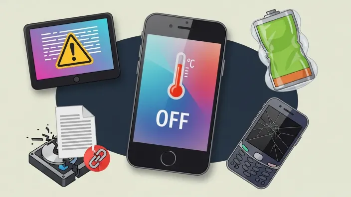 Ilustración de problemas tecnológicos: móvil sobrecalentado, pantalla rota, batería hinchada, disco duro dañado y error del sistema
