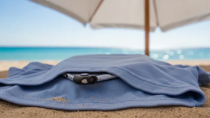 Móvil protegido del sol y el calor bajo una camiseta en la arena de la playa, con el mar de fondo