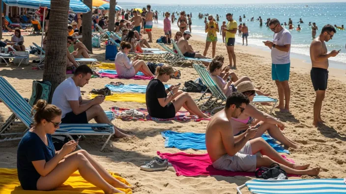 Playa abarrotada de turistas que están absortos mirando sus teléfonos móviles en lugar de disfrutar del día soleado y el mar