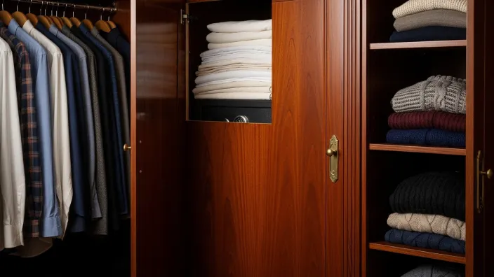 Armario con ropa y una caja fuerte oculta para guardar objetos de valor. Concepto de seguridad en el hogar para las vacaciones