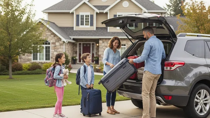 Familia cargando las maletas en el maletero del coche frente a su casa, preparándose para irse de vacaciones