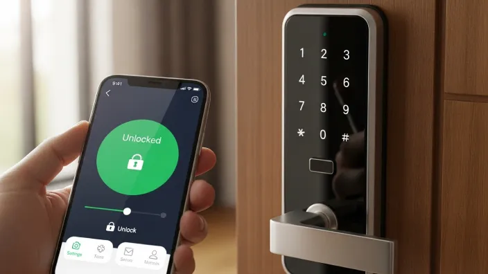 Persona desbloqueando la puerta de casa con una cerradura inteligente a través de la aplicación de su teléfono móvil