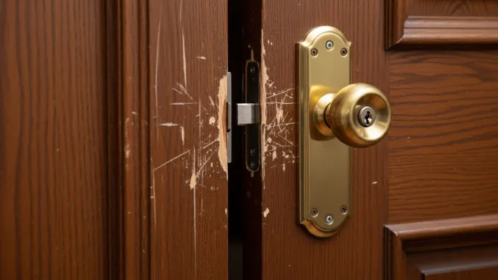 Puerta de madera con la cerradura y el marco forzados, mostrando daños evidentes de un intento de robo en casa