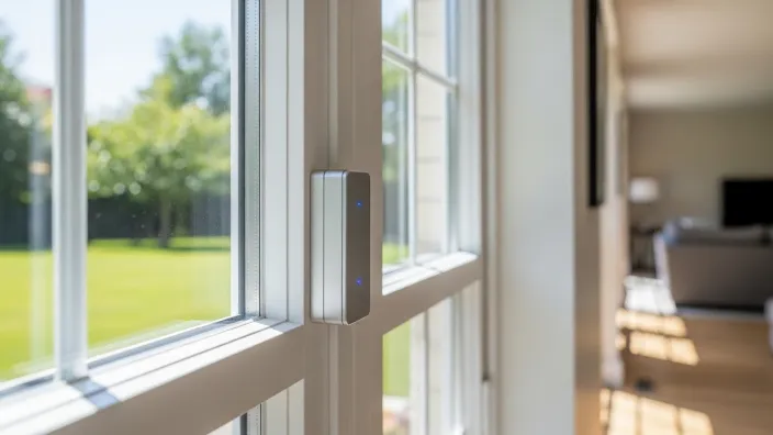 Sensor de alarma de apertura para la seguridad del hogar, instalado en el marco de una ventana con vistas al jardín