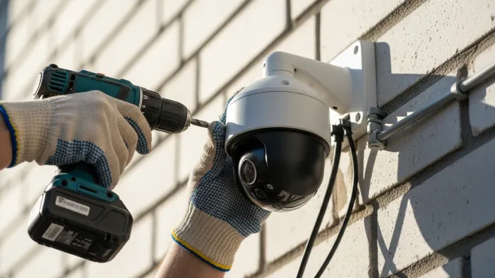 Técnico instalando una cámara de seguridad en la fachada de una casa con un taladro para la vigilancia del hogar