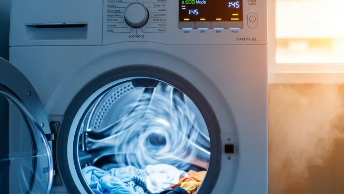 Lavadora moderna de bajo consumo en modo ECO. La puerta está abierta, mostrando la ropa de color girando a gran velocidad