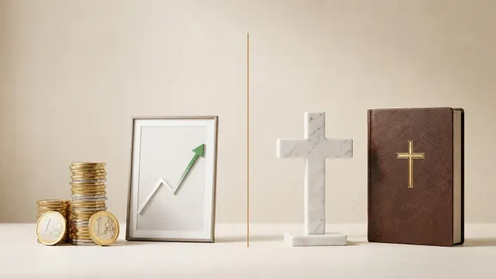 Comparativa entre inversión financiera y valores religiosos con monedas, gráfico ascendente, cruz y Biblia.