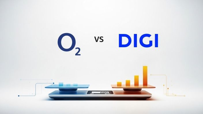Una balanza con un gráfico de barras simboliza el mayor crecimiento o rendimiento de DIGI frente a O2.