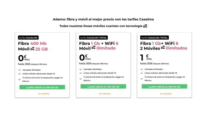 Tabla de tarifas Adamo Caaalma fibra óptica y móvil 5G con datos ilimitados.