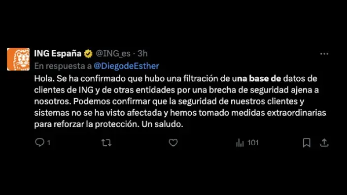 Comunicado de ING España en Twitter sobre la brecha de seguridad, confirmando la filtración y las medidas tomadas.