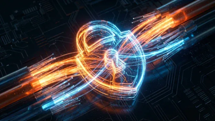 Ilustración de cifrado Quantum Safe en cables de fibra óptica. Seguridad y protección de red en telecomunicaciones.