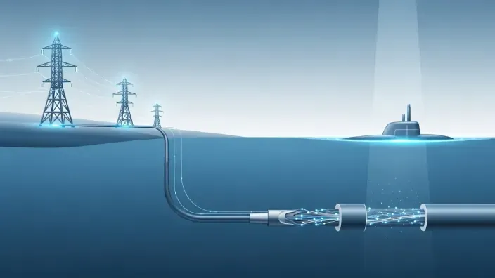 Torres eléctricas y un cable submarino, simbolizando los proyectos de interconexión eléctrica entre España y Francia.
