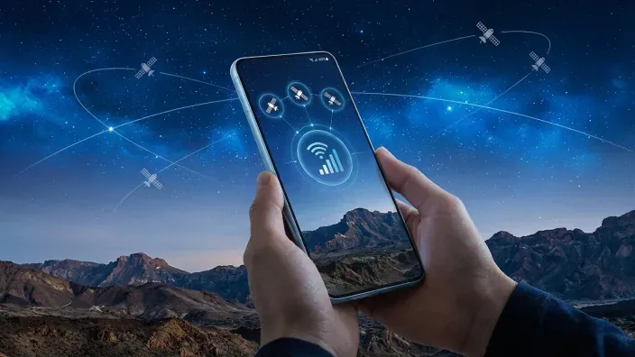 Smartphone con iconos de conexión satelital bajo un cielo estrellado en la montaña para representar el internet en zonas remotas.