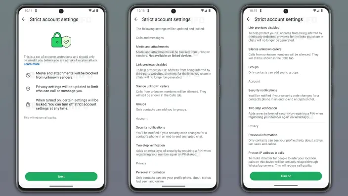 Proceso de activación de los nuevos ajustes de seguridad de WhatsApp para proteger la cuenta, la IP y la privacidad.