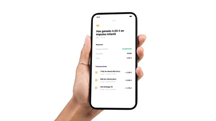 Pantalla de móvil con la app Impulso Infantil, una iniciativa de Trade Republic para ahorrar e invertir para el futuro de los hijos.