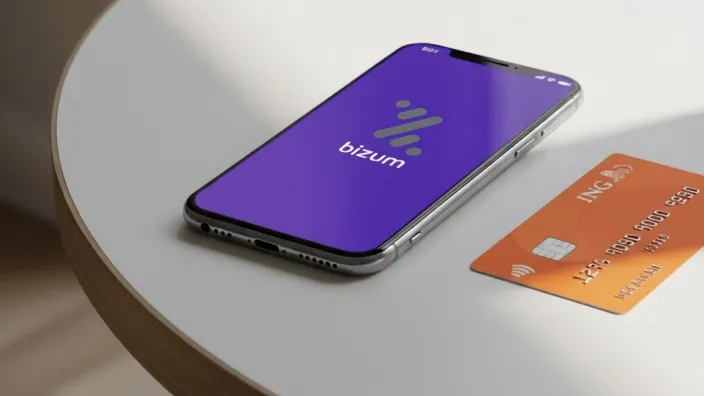 Móvil con la app Bizum abierta junto a una tarjeta naranja de ING sobre una mesa blanca.