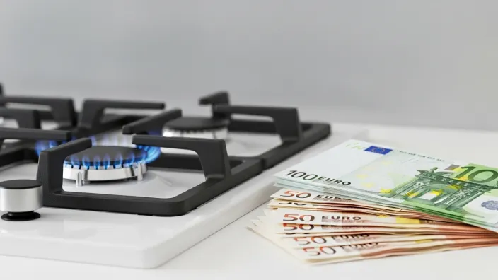 Hornilla de gas encendida junto a un fajo de billetes de euros, simbolizando el alto coste de la factura del gas.