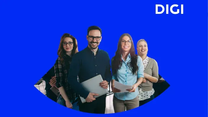 Interior de una tienda DIGI con mostrador azul, pantallas promocionales y mobiliario blanco.