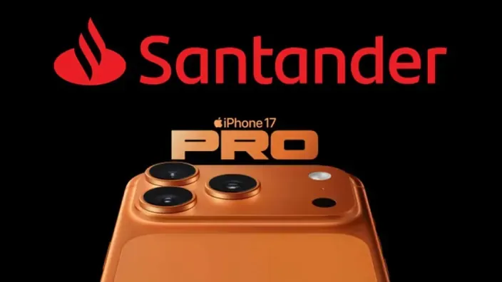 Imagen corporativa con el logotipo de Banco Santander y un iPhone 17 Pro en color naranja.