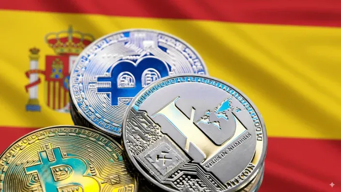 Criptomonedas como Bitcoin y Litecoin frente a la bandera de España. Concepto de la regulación y mercado de criptoactivos en el país.