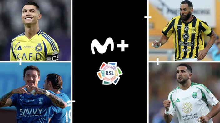 Collage promocional de la Liga Saudí (RSL) en Movistar Plus+, con estrellas como Cristiano Ronaldo y Karim Benzema.